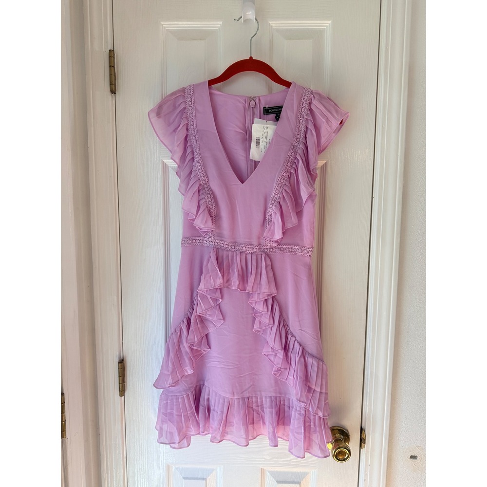 BCBGMAXAZRIA Lavender Ruffle‎ V Neck Flounce Dress Short Sleeve 0